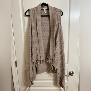 MATILDA JANE Sz S Cardigan Sweater Long Open Fringe Tan Tassels Vest